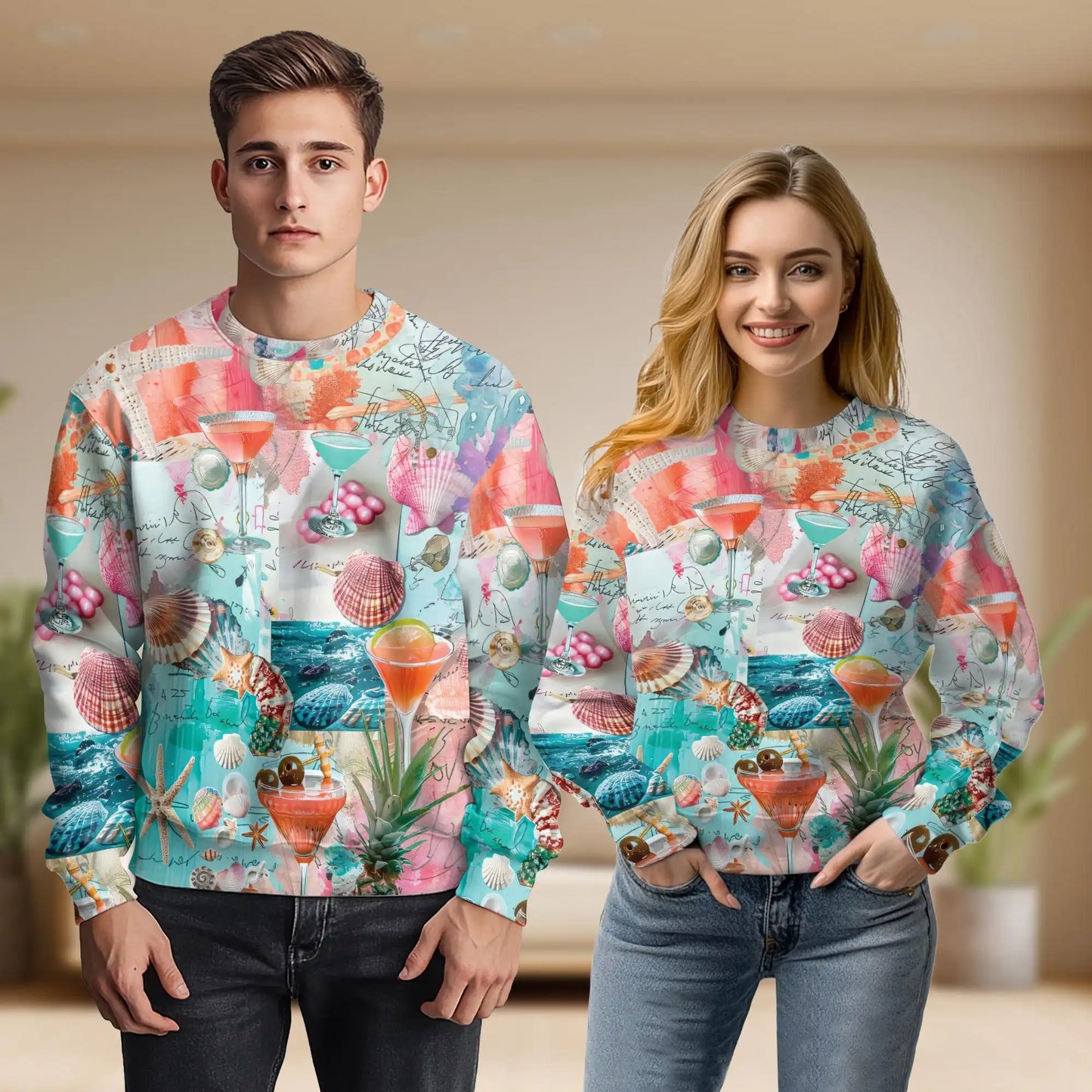 Tropical Beach Cocktail Shell Collage Sweatshirt – Tropical 3D All Over Print Design