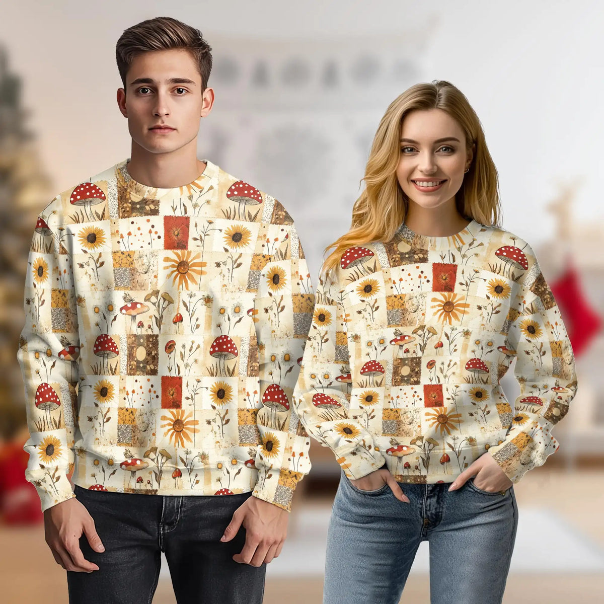 Vintage Patchwork Mushroom and Sunflower Sweatshirt – Vintage 3D All Over Print Design