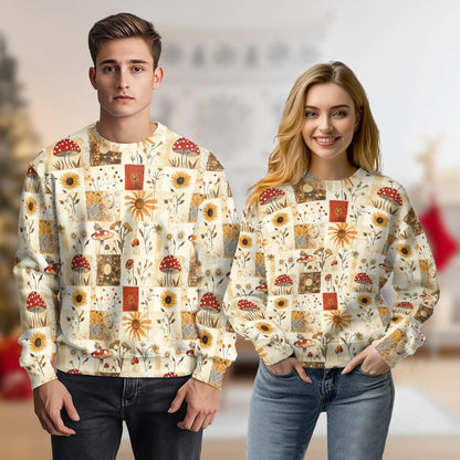 Vintage Patchwork Mushroom and Sunflower Sweatshirt – Vintage 3D All Over Print Design