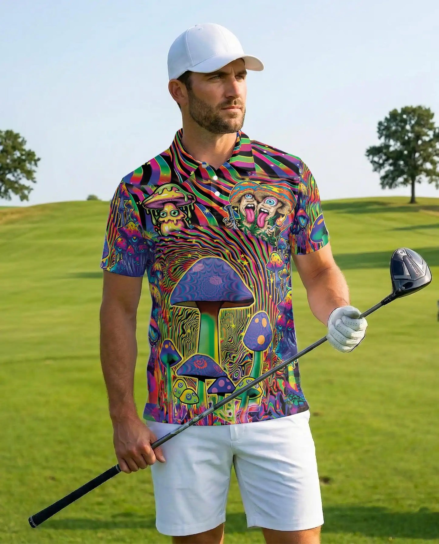 Psychedelic Mushroom Trippy Polo Shirt for Men, Colorful Psy Art | Azhawaiian