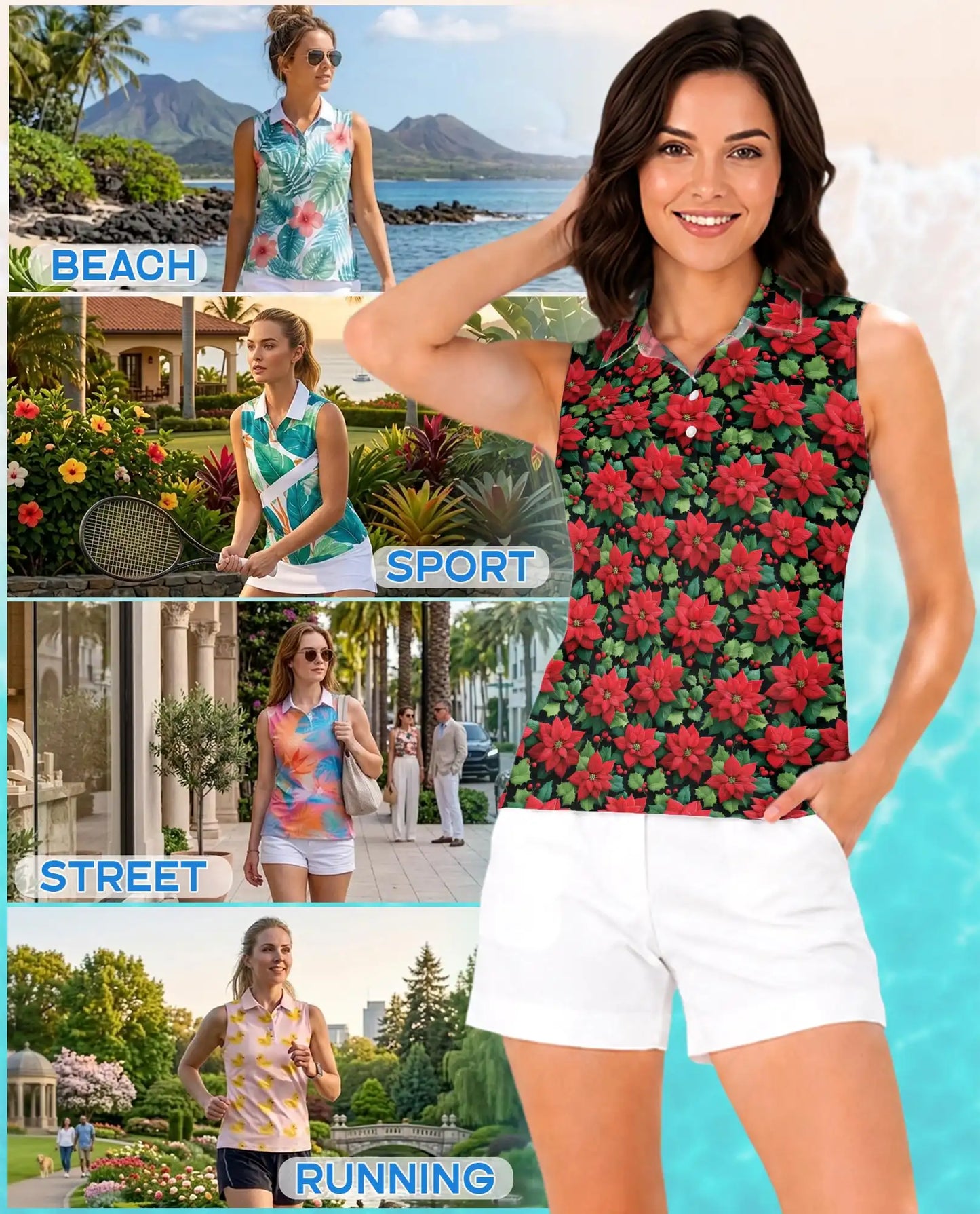 Red Poinsettia Pattern Sleeveless Polo Shirt for Women| Azhawaiian