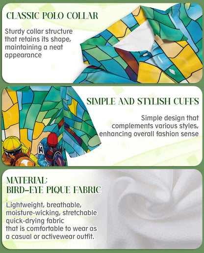 Stained Glass Horse Racing 3D Polo Shirt for Men, Colorful Jockey Derby Style | Azhawaiian