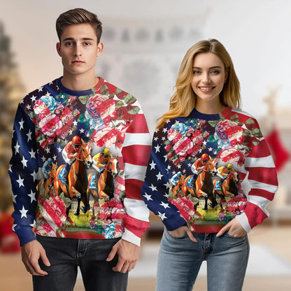 American Flag Rose Horse Racing Sweatshirt – Colorful Graphic 3D All Over Print Design
