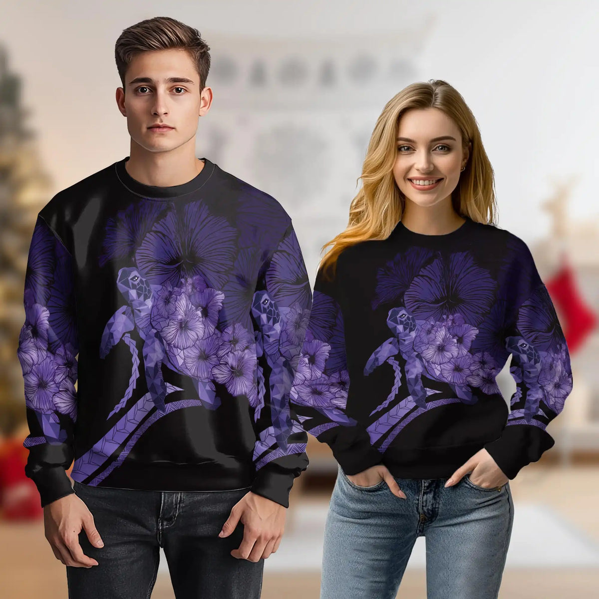 Polynesian Sea Turtle Flower Purple Sweatshirt – Tropical 3D All Over Print Design
