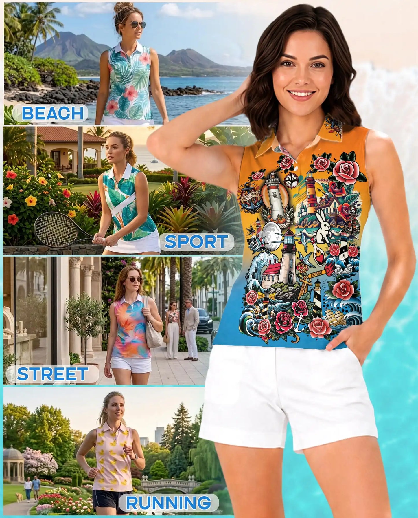 Nautical Lighthouse Sleeveless Polo Shirt for Women, Coastal Ocean Style | Azhawaiian
