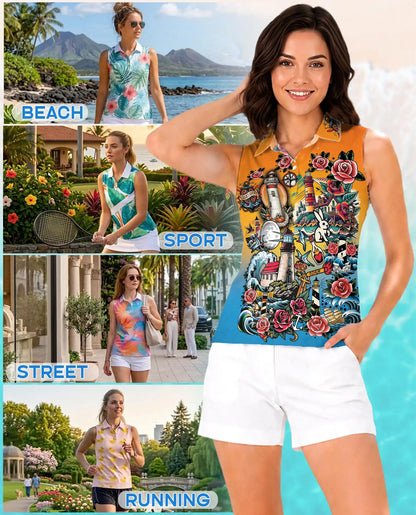Nautical Lighthouse Sleeveless Polo Shirt for Women, Coastal Ocean Style | Azhawaiian