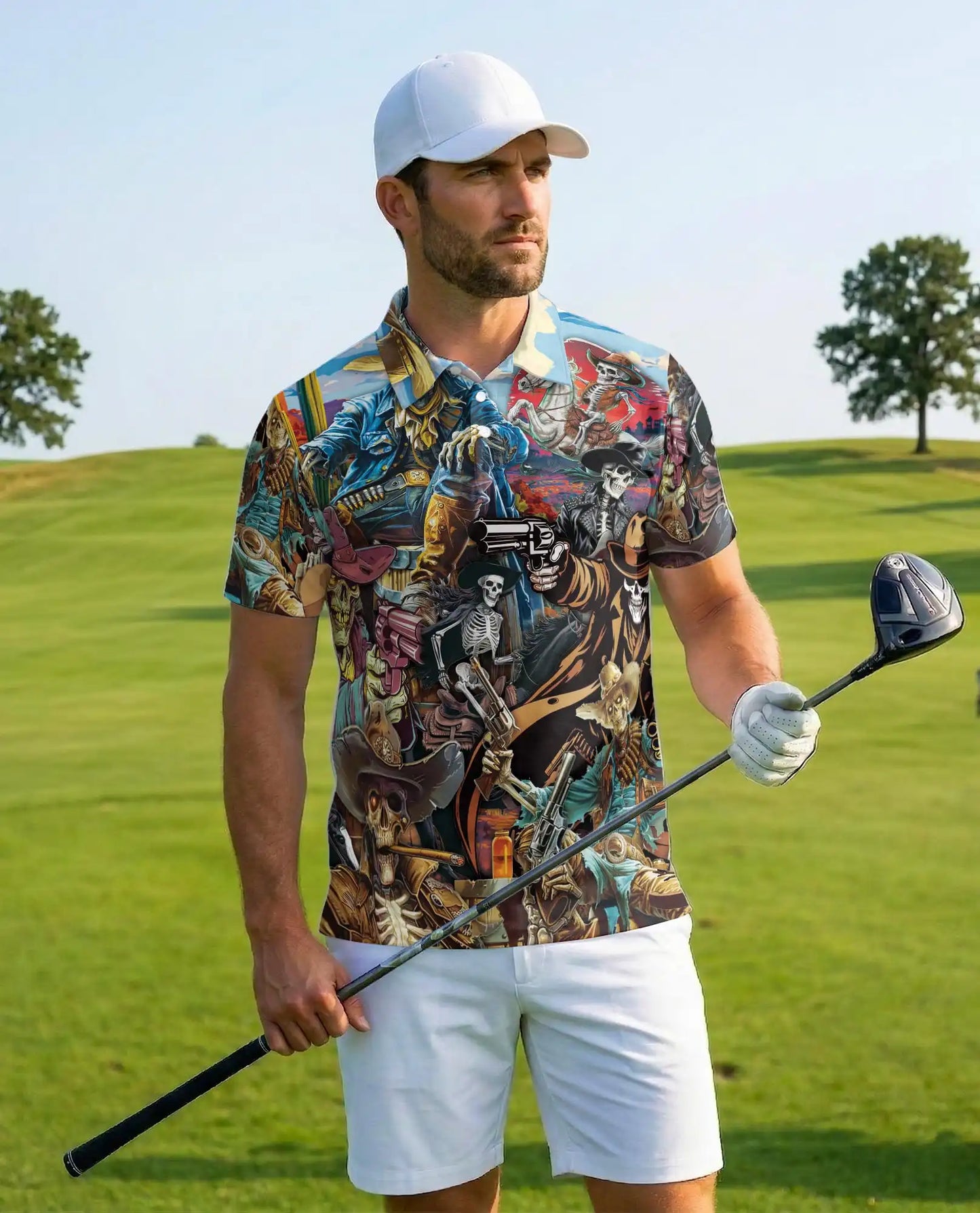 Skeleton Cowboy & Wild West Polo Shirt for Men, Azhawaiian