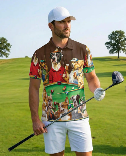 Funny Dogs Playing Pool 3D Polo Shirt for Men, Beer Party Pet Style | Azhawaiian