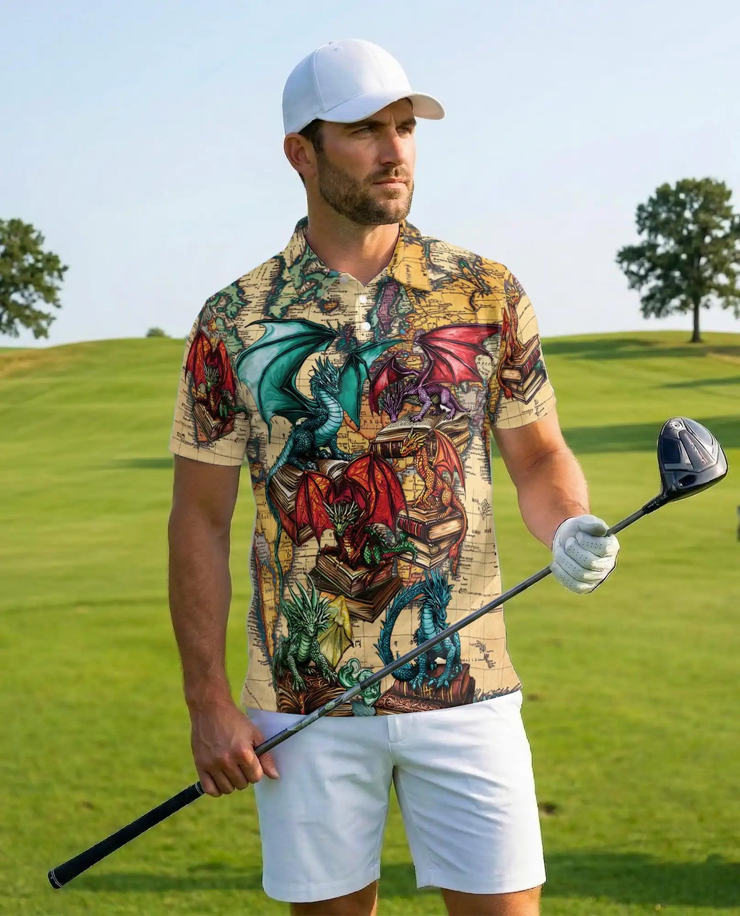 Dragon Library Polo Shirt - Fantasy Book Lover Style | Azhawaiian