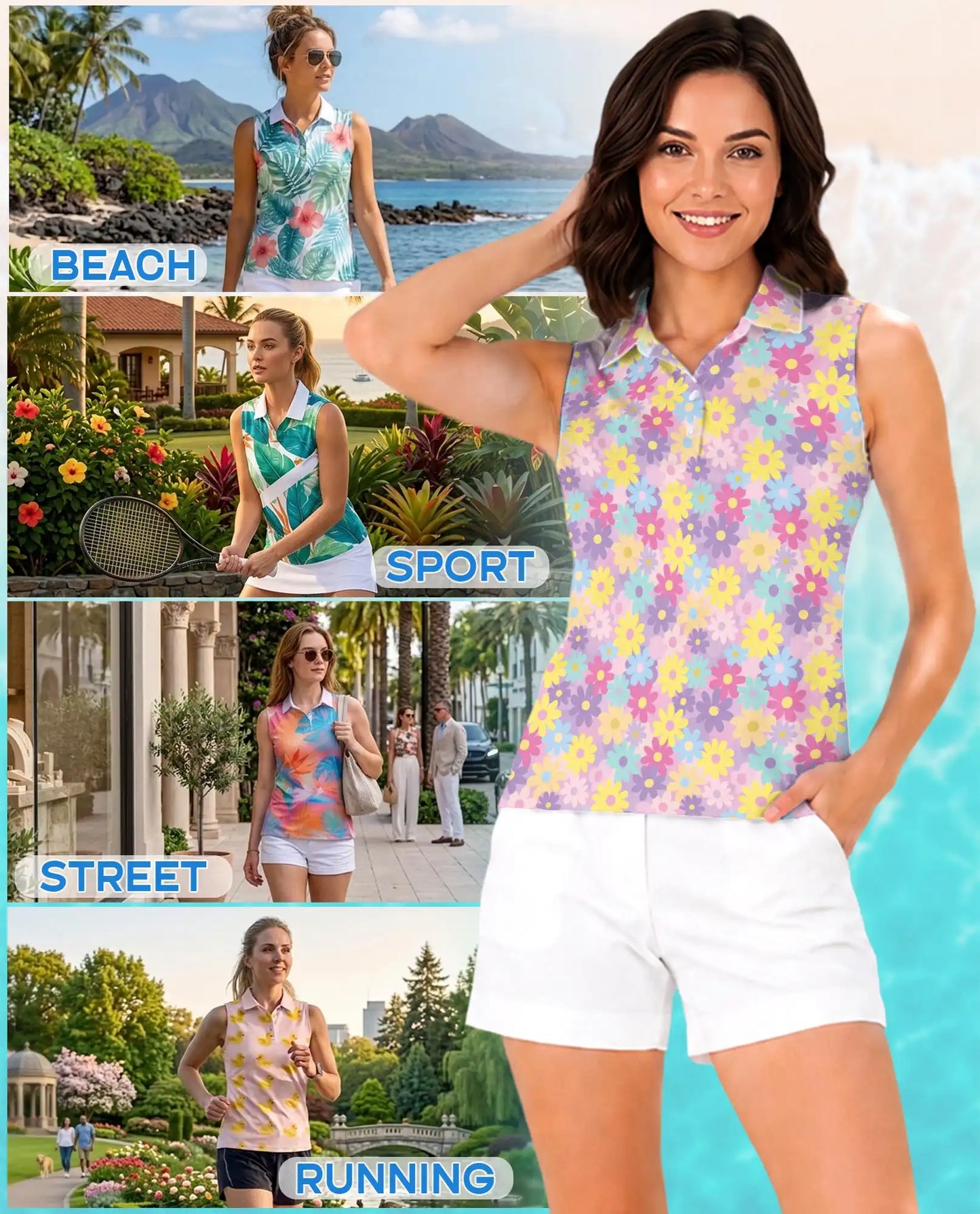Groovy Flower Pattern Sleeveless Polo Shirt for Women | Azhawaiian