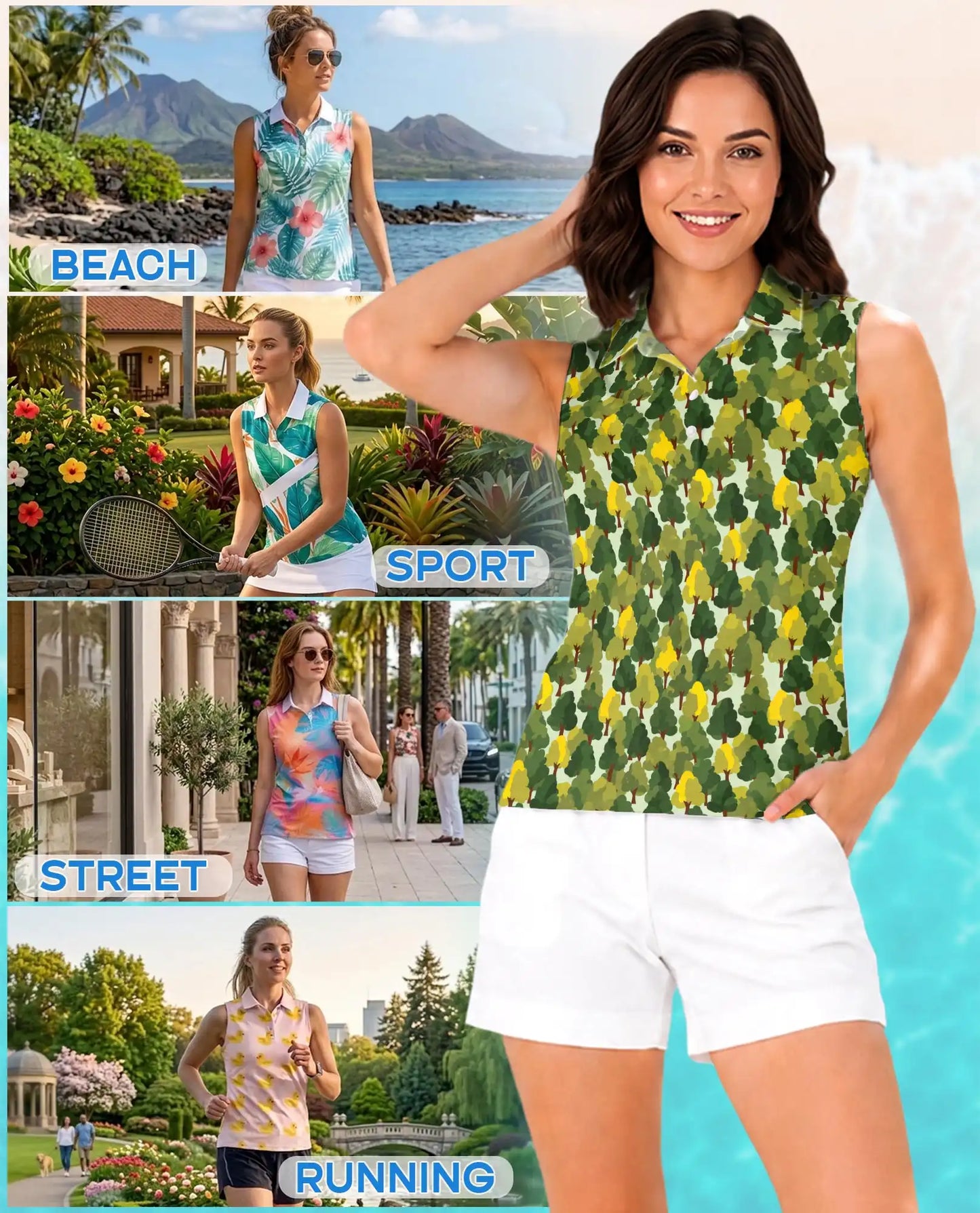 Pattern Tree Sleeveless Polo Shirt for Women, Nature Botanical Style | Azhawaiian