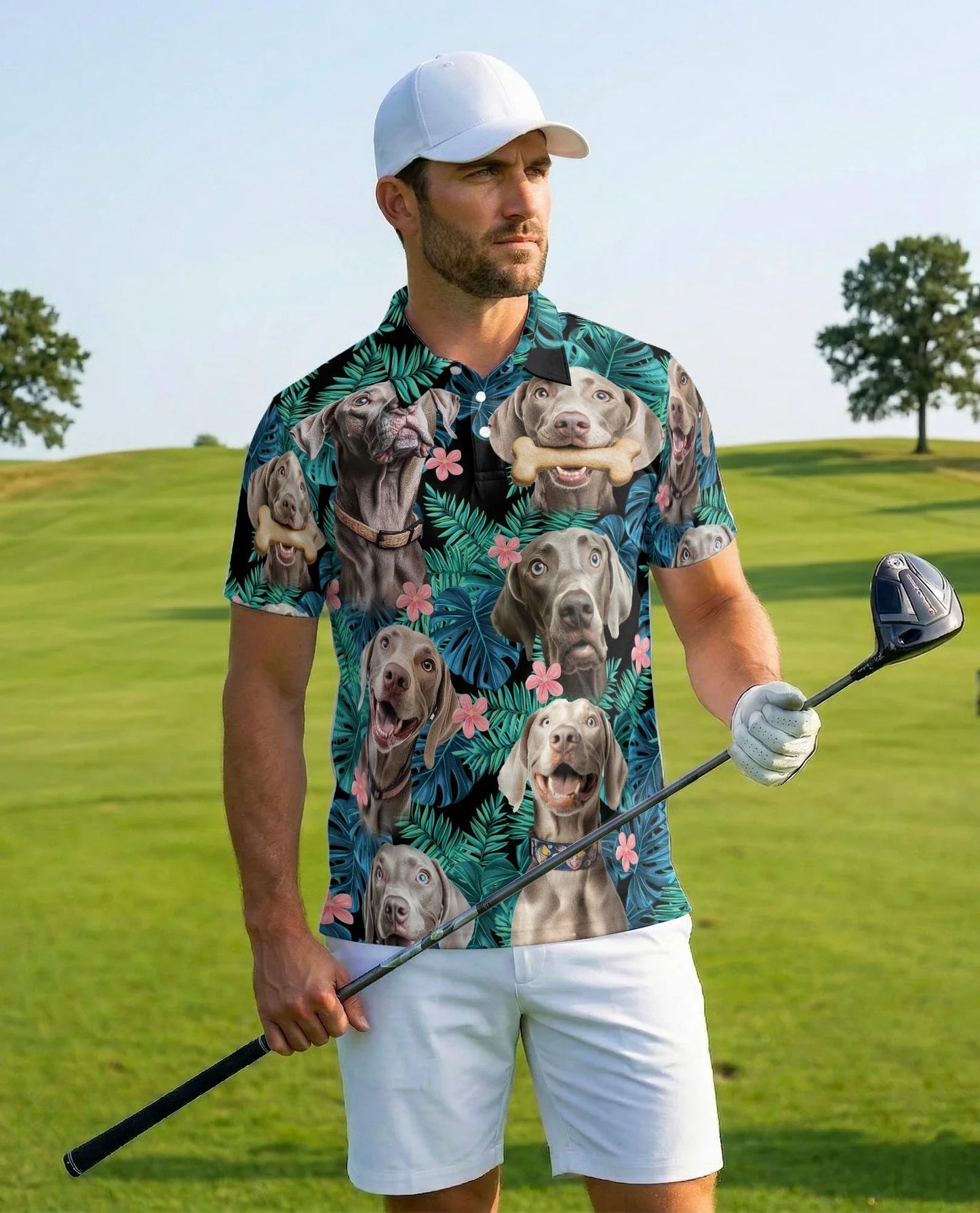Weimaraner Tropical Pattern Polo Shirt for Men, Dog Lover Style | Azhawaiian
