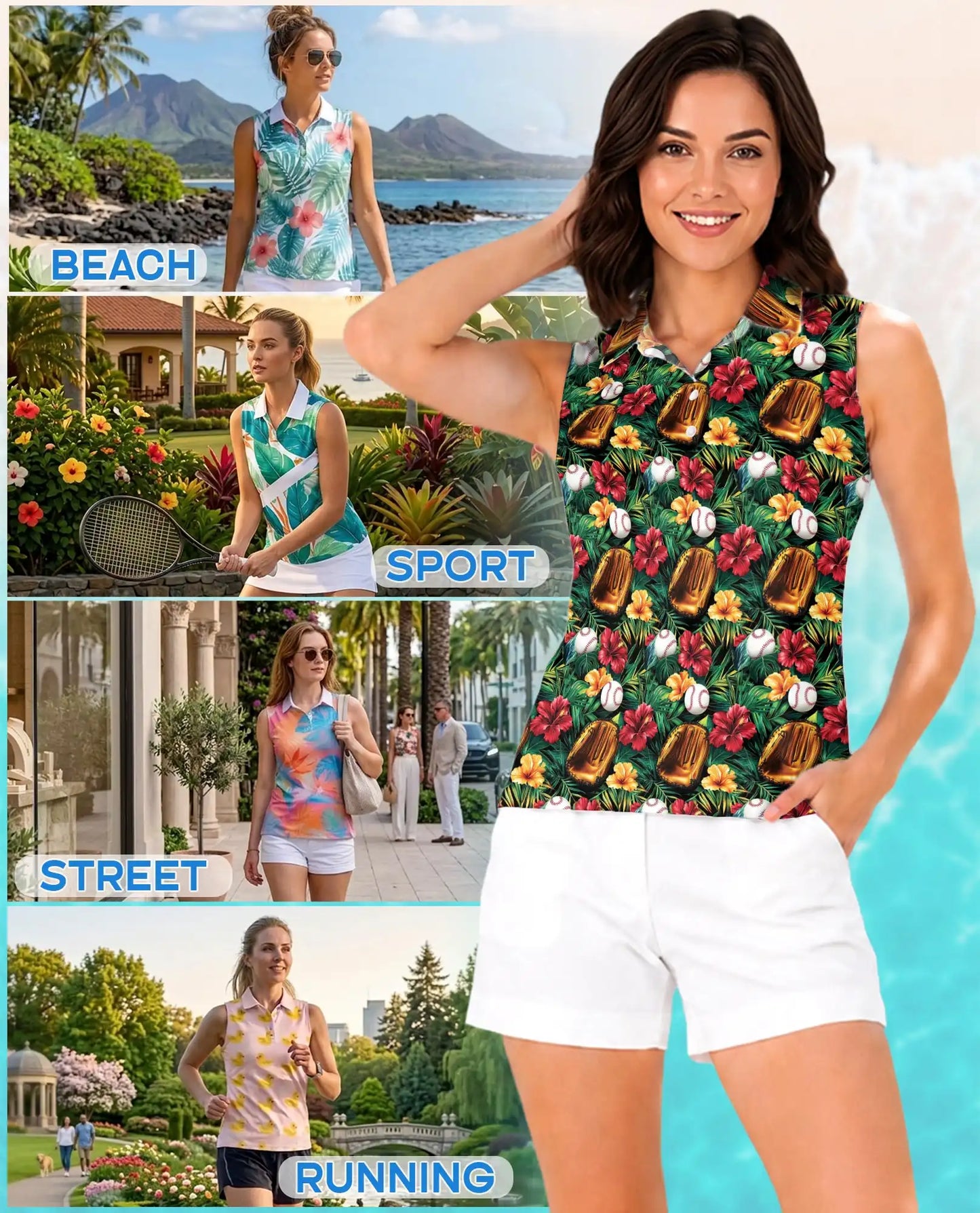 Baseball Glove And Hibiscus Sleeveless Polo Shirt for Women | Azhawaiian