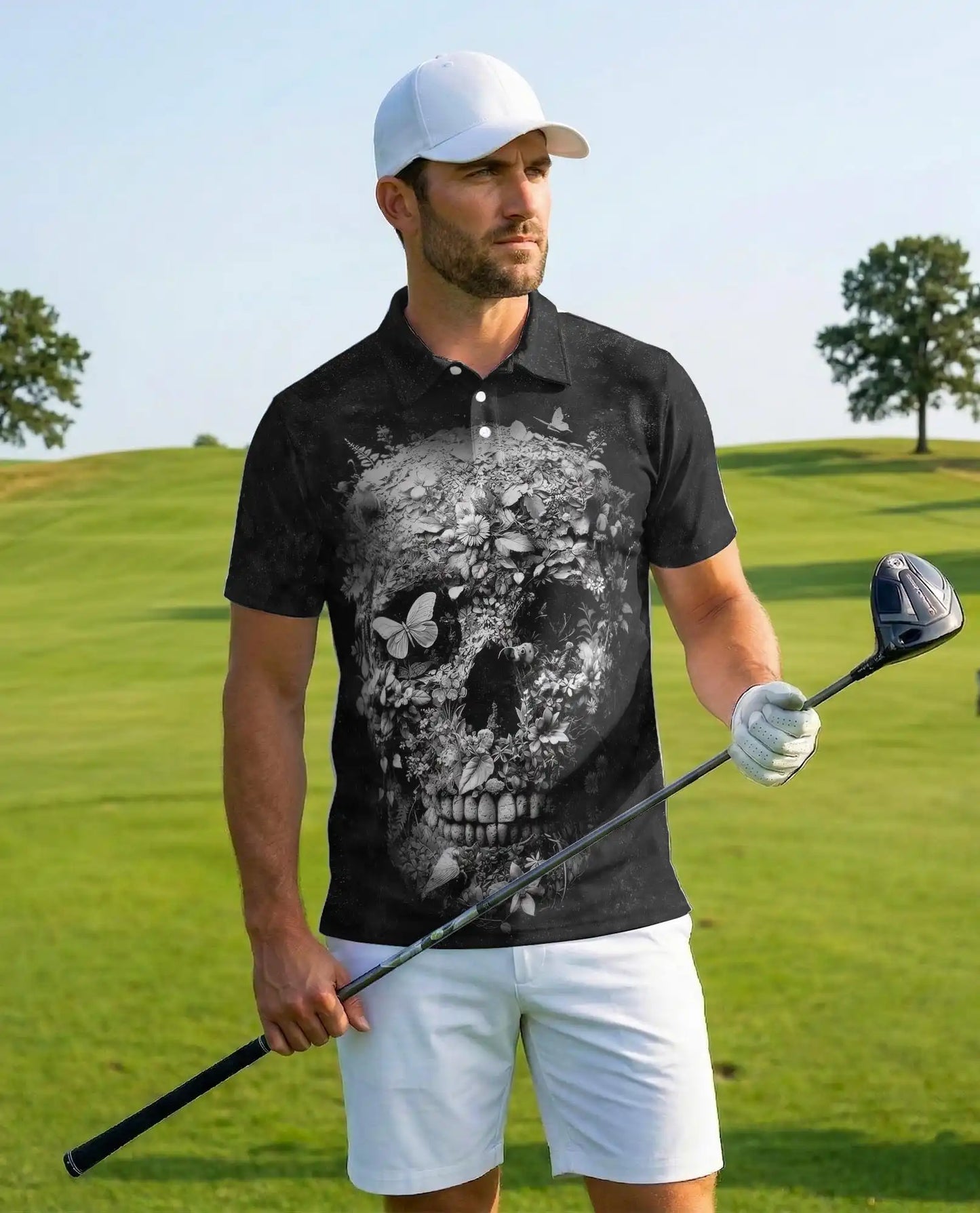 Floral Skull Gothic Polo Shirt, Dark Botanical Style | Azhawaiian