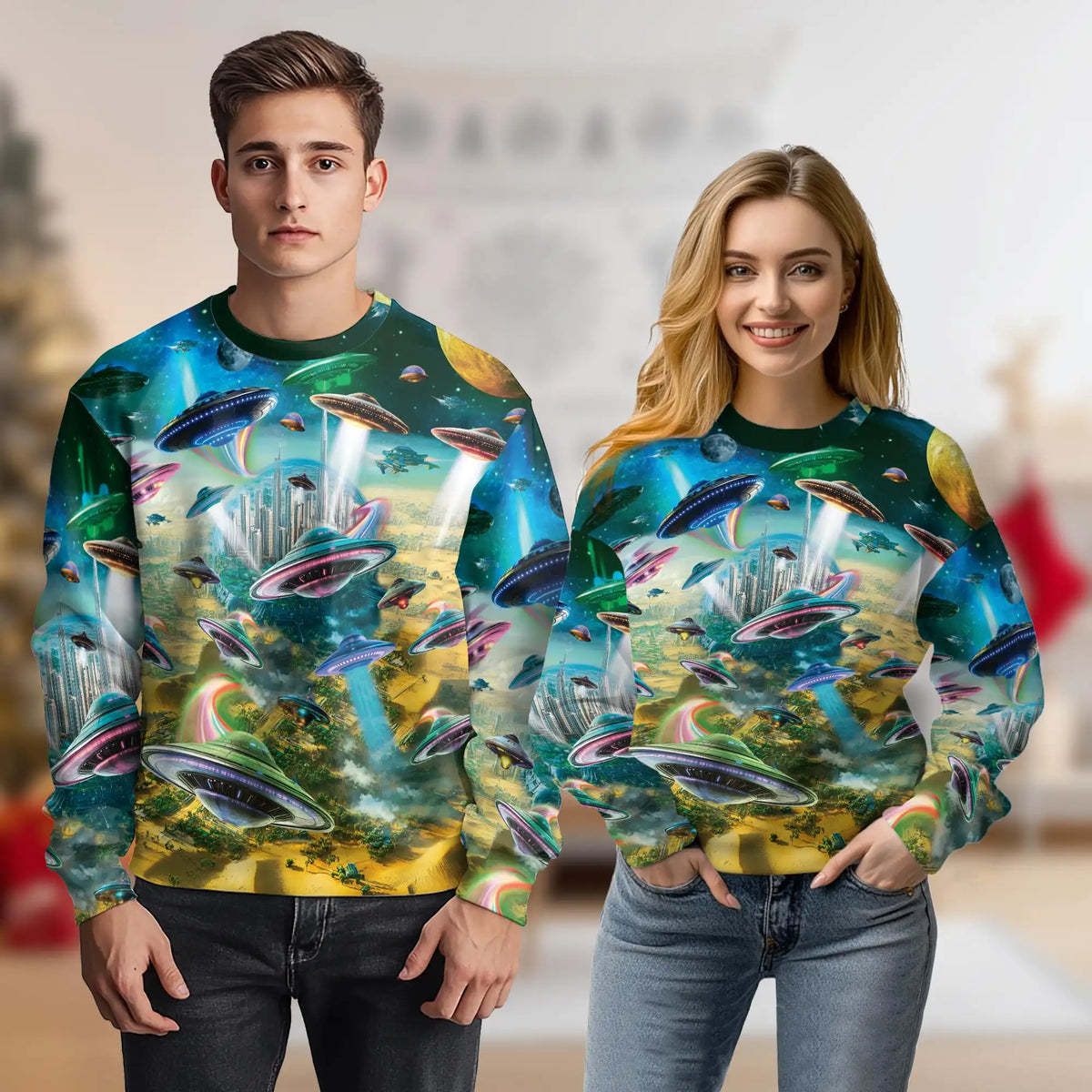 Alien Spaceship Future City Sweatshirt – Colorful Graphic 3D All Over Print Design