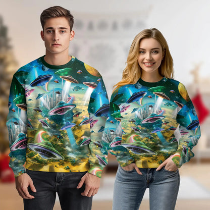 Alien Spaceship Future City Sweatshirt – Colorful Graphic 3D All Over Print Design