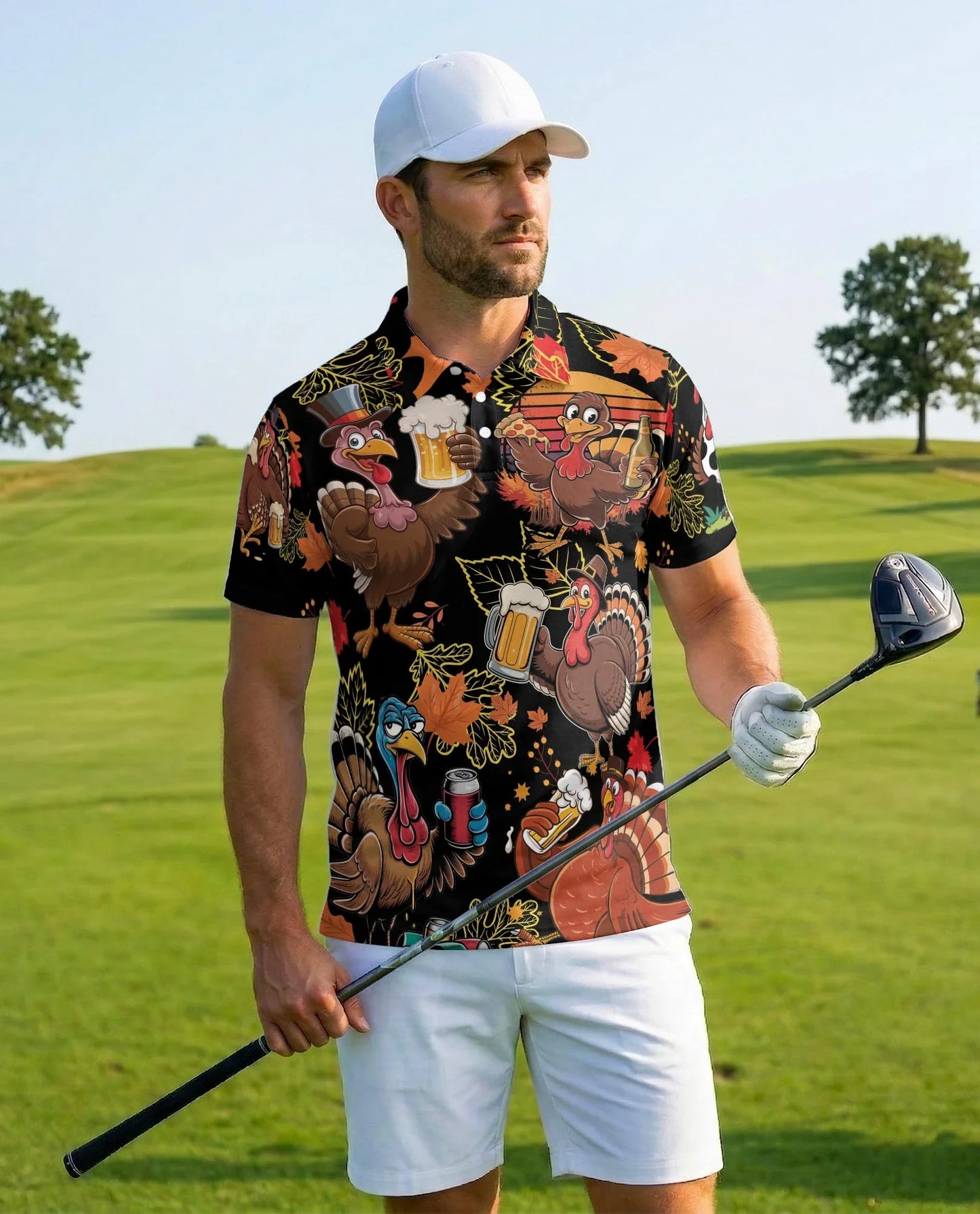 Funny Thanksgiving Turkey Polo Shirt for Men, Holiday Pattern Style | Azhawaiian