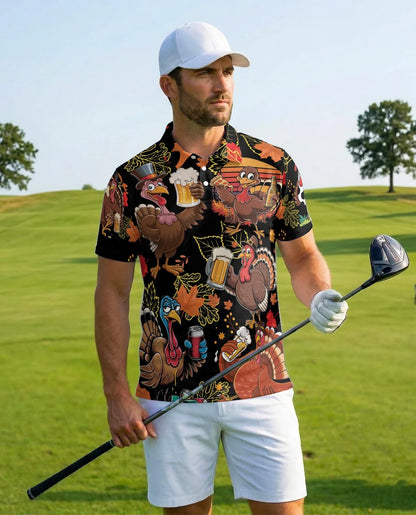 Funny Thanksgiving Turkey Polo Shirt for Men, Holiday Pattern Style | Azhawaiian