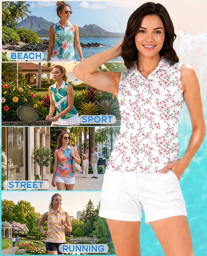 Cherry Blossom Sleeveless Polo Shirt for Women, Elegant Floral Spring Style | Azhawaiian