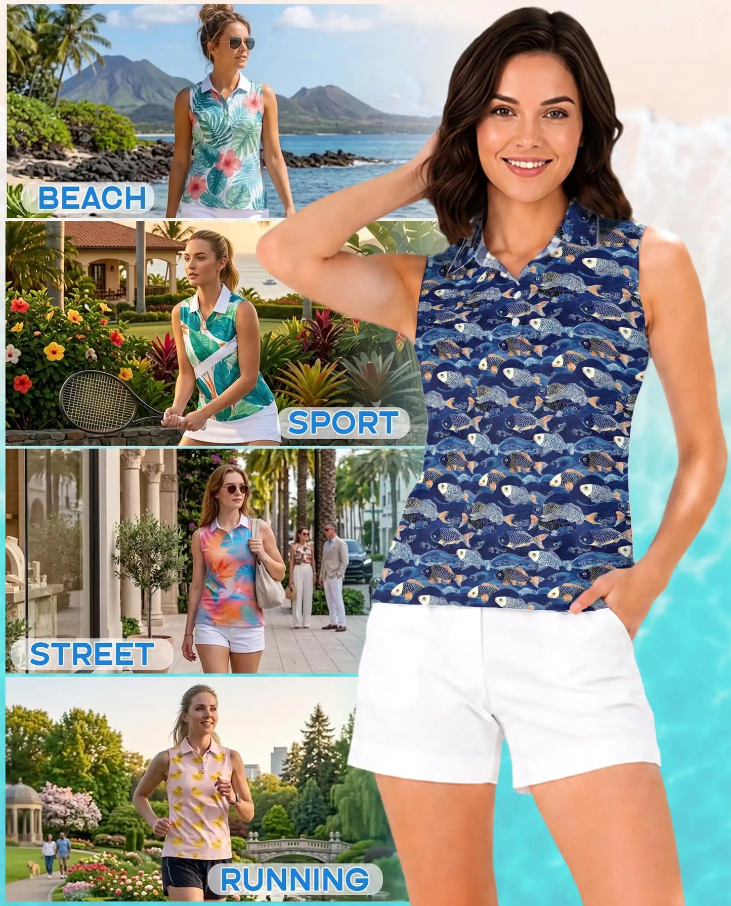 Japanese Koi Fish And Waves Sleeveless Polo Shirt for Women | Azhawaiian