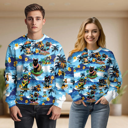 Funny Black Cat Aloha Beach Sweatshirt – Tropical 3D All Over Print Design