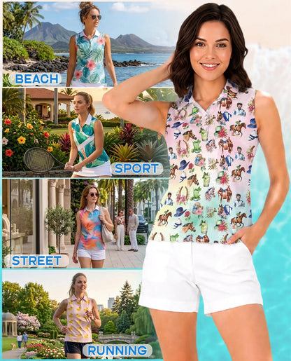 Kentucky Derby Horse Sleeveless Polo Shirt for Women | Azhawaiian