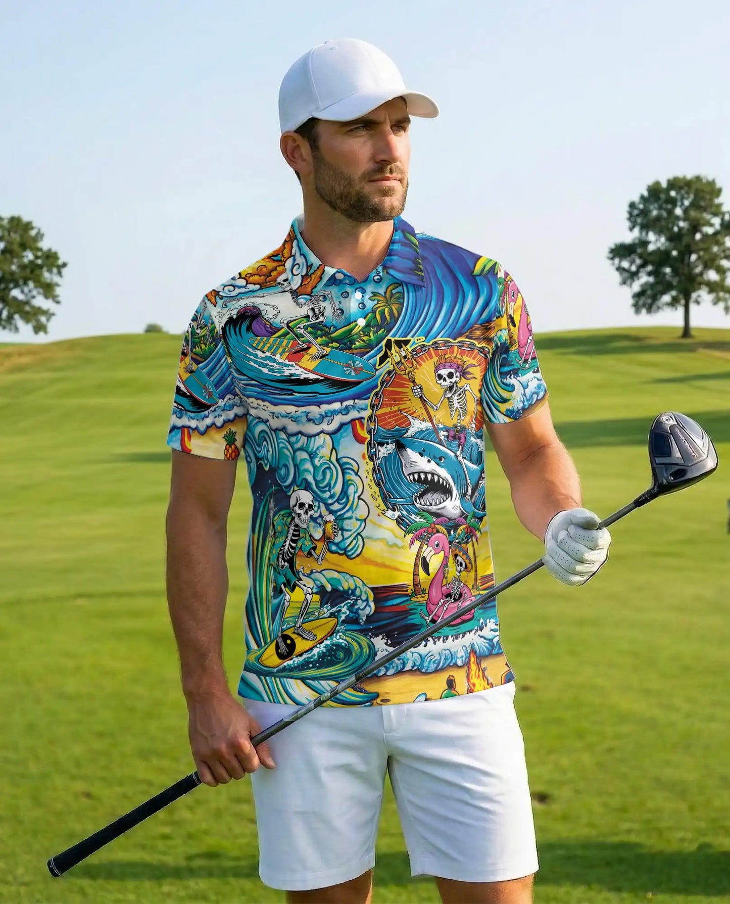 Surfing Skeleton Polo Shirt, Tropical Beach Skull Style| Azhawaiian