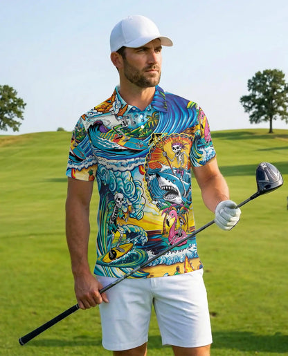 Surfing Skeleton Polo Shirt, Tropical Beach Skull Style| Azhawaiian