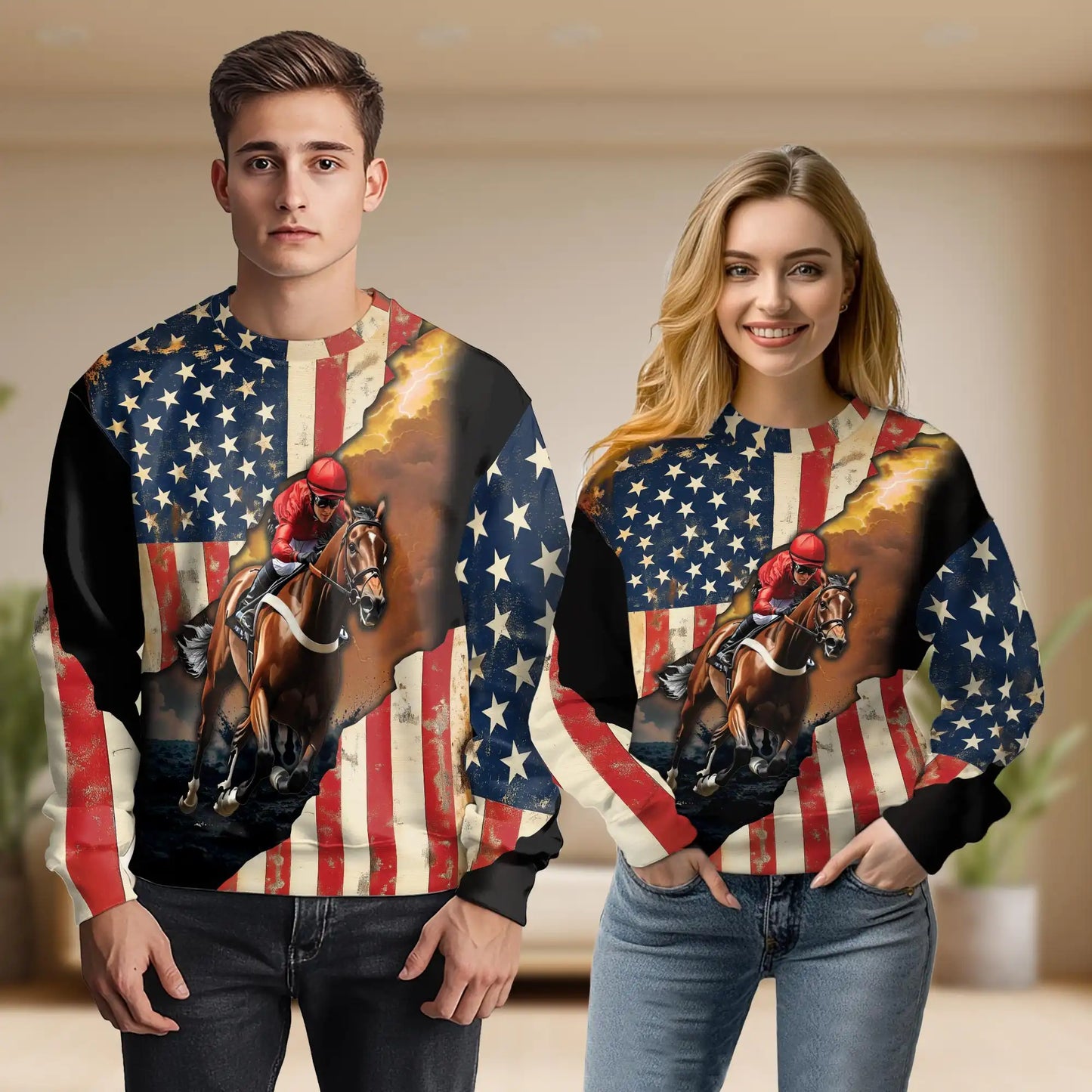 Brown Vintage American Flag Horse Racing Sweatshirt – Vintage 3D All Over Print Design