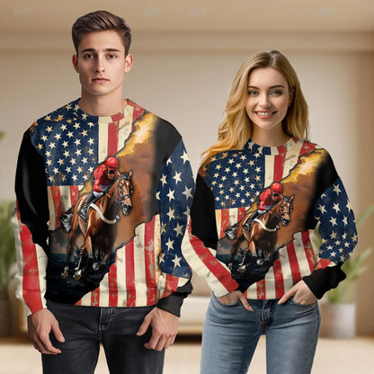Brown Vintage American Flag Horse Racing Sweatshirt – Vintage 3D All Over Print Design