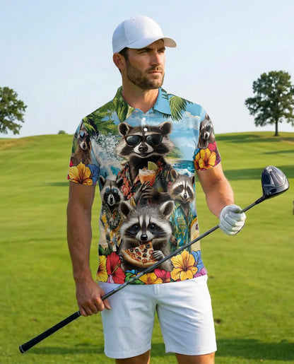 Funny Raccoon Hawaiian Polo Shirt - Tropical Vacation Style | Azhawaiian