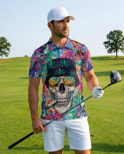 Skull Colorful Trippy Polo Shirt for Men, Vibrant Art Print | Azhawaiian
