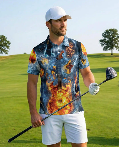 Flaming Electric Guitar Polo Shirt for Men - Rock Music Fire Guitar | Azhawaiian