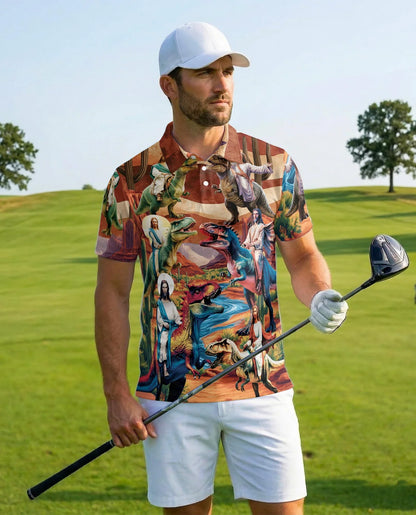 Jesus Riding Dinosaur Polo Shirt for Men, Funny Faith Fantasy Style | Azhawaiian