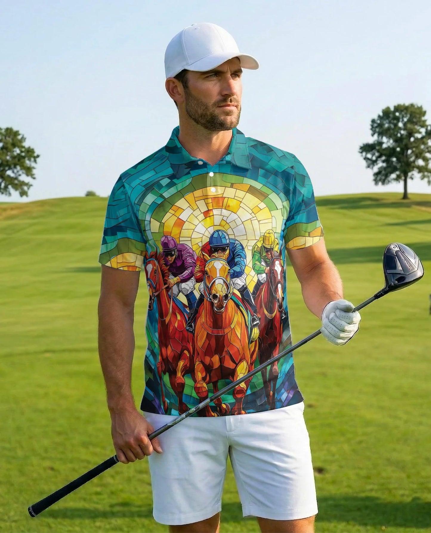 Stained Glass Racing Horse Polo Shirt for Men, Artistic Equestrian Style | Azhawaiian