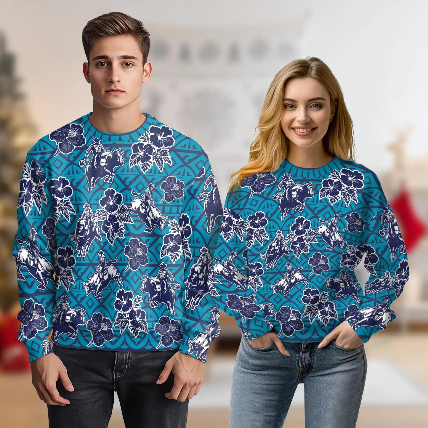 Bull Riding Blue Pattern Sweatshirt – Colorful Graphic 3D All Over Print Design