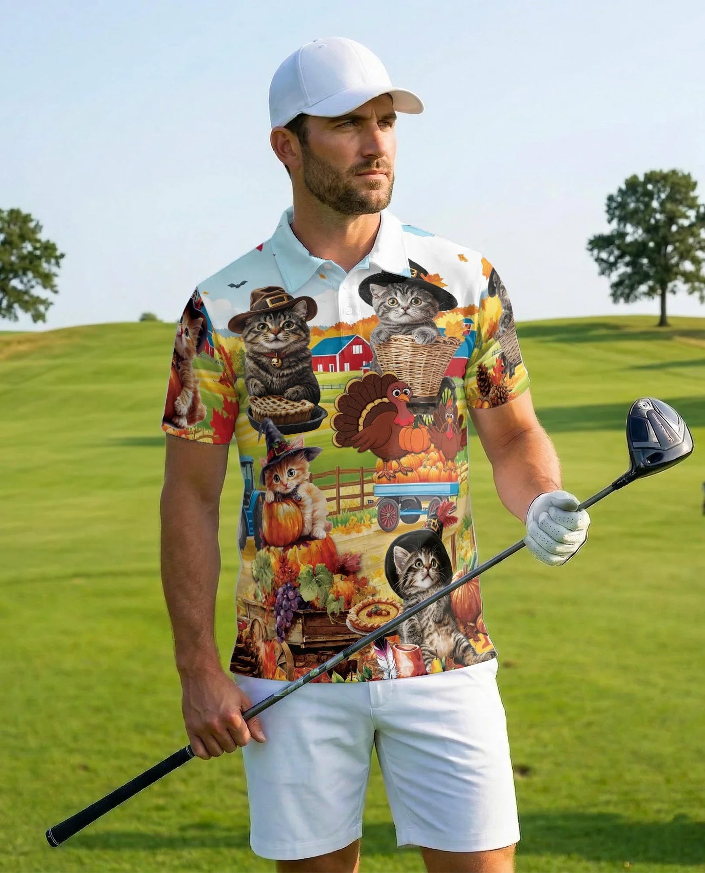 Thanksgiving Cat Polo Shirt for Men, Cute Fall Holiday Style | Azhawaiian