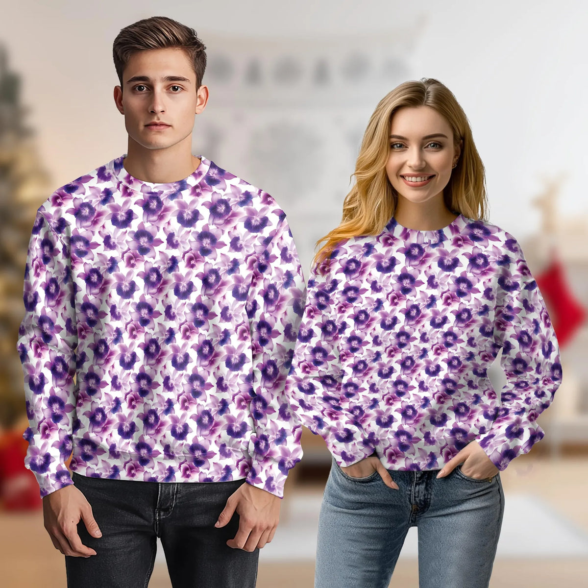 Purple Orchid Flower Pattern Sweatshirt – Colorful Graphic 3D All Over Print Design