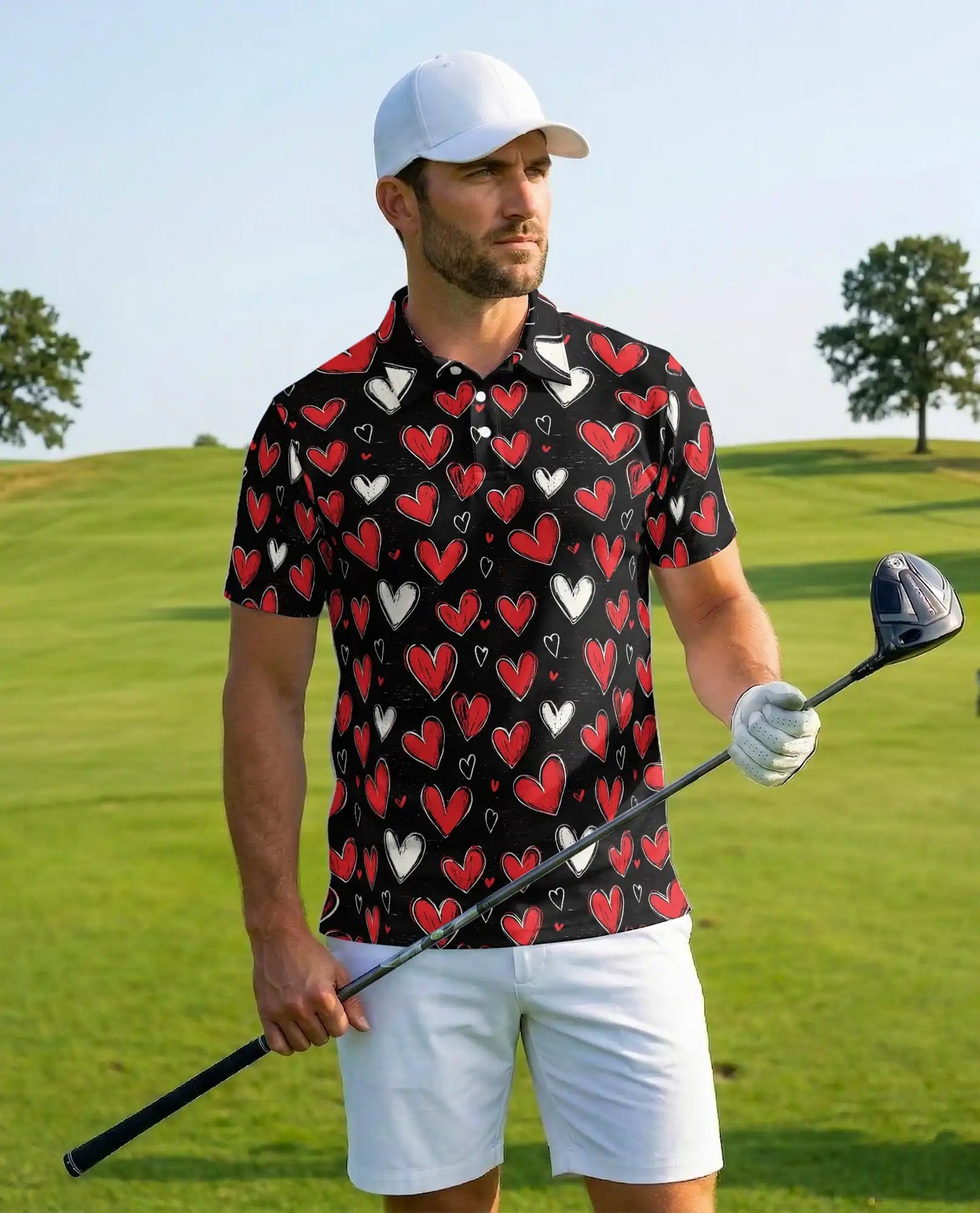 Heart Pattern Polo Shirt for Men- Love Heart Print Shirt | Azhawaiian