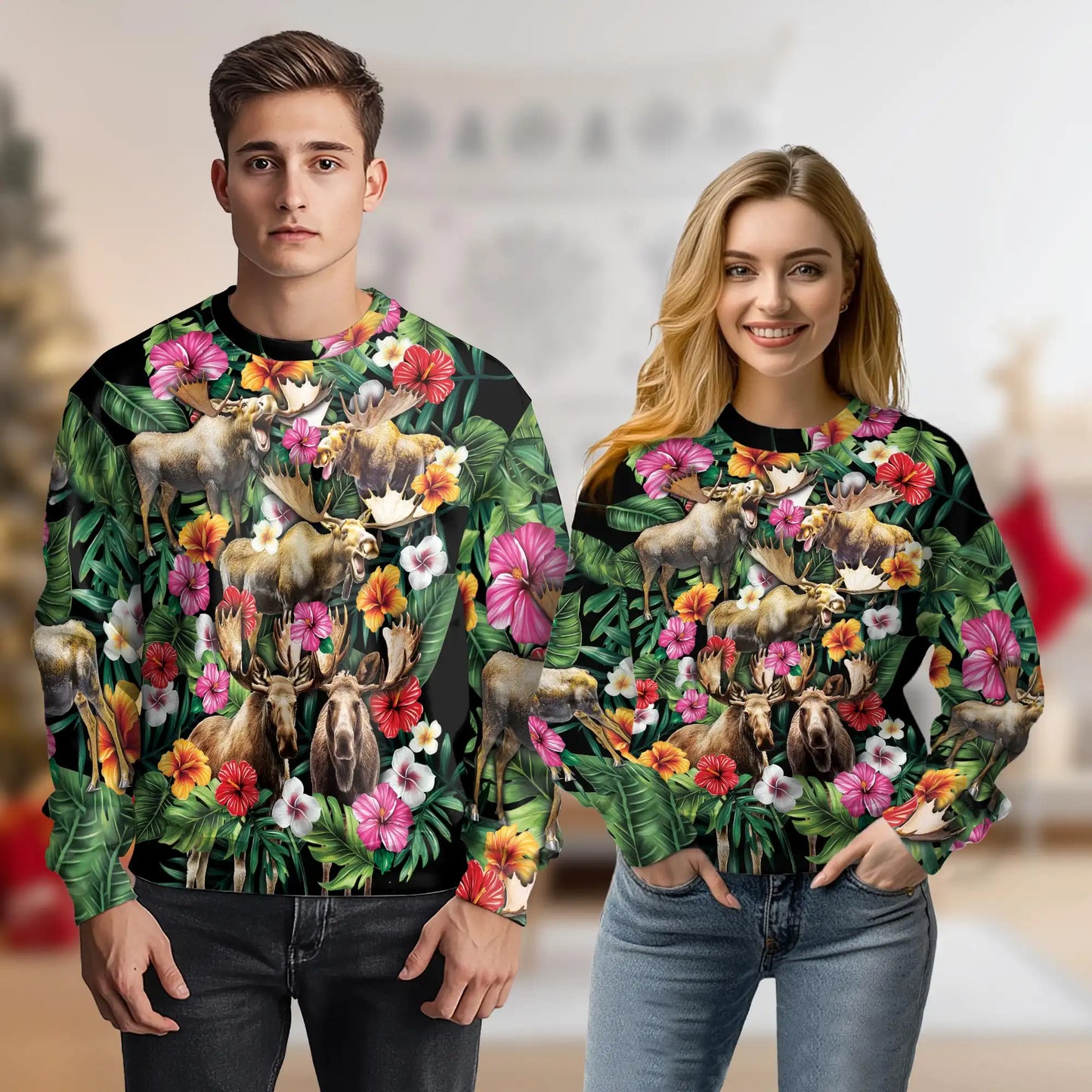 Moose Hibiscus Flower Sweatshirt – Colorful Graphic 3D All Over Print Design