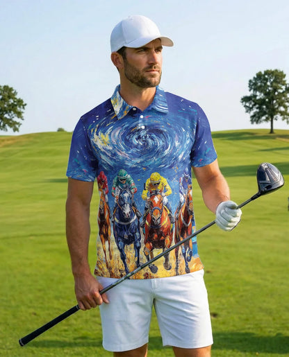 Horse Racing Starry Night Polo Shirt for Men, Artistic Equestrian Style | Azhawaiian