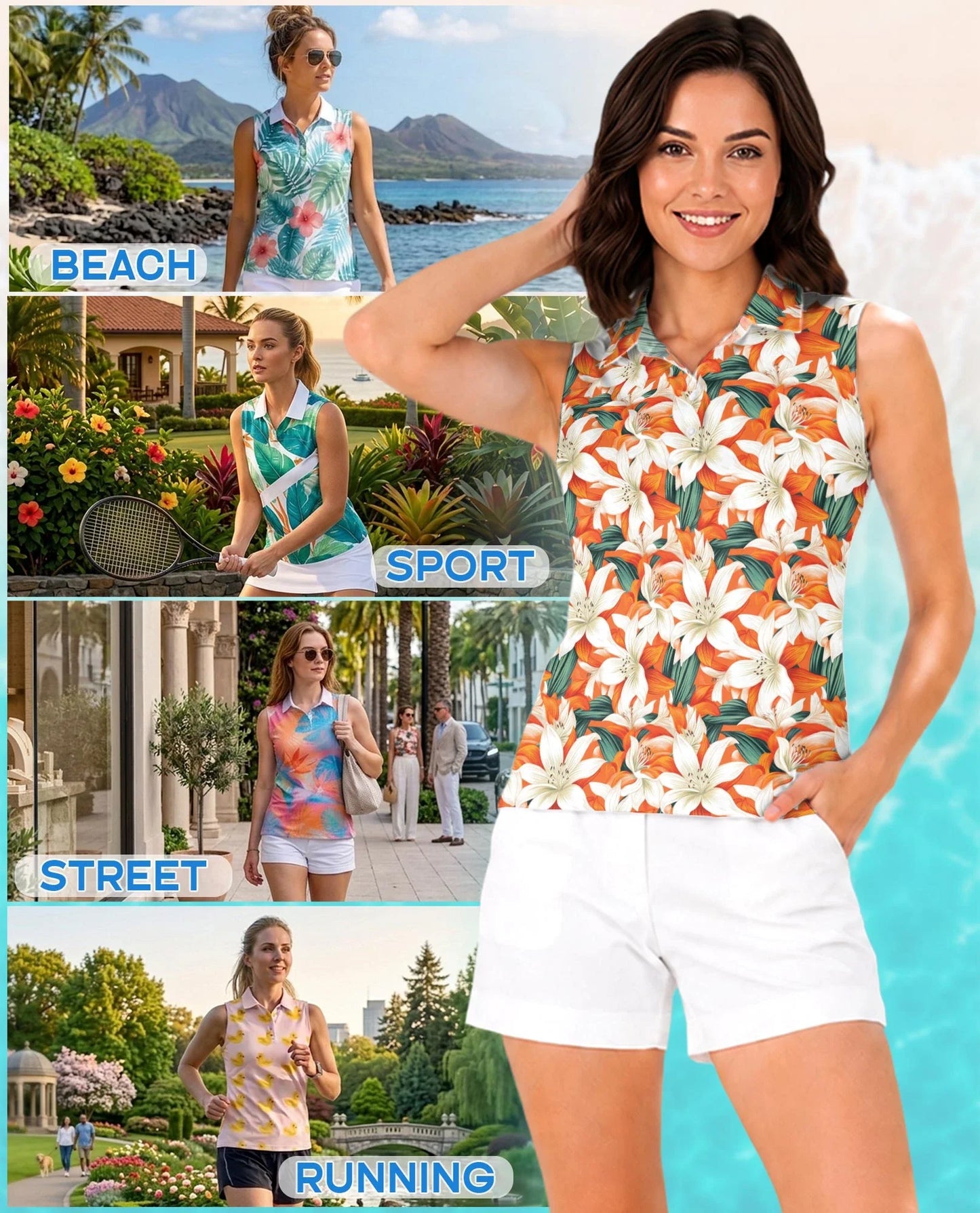 Orange Lily Print Sleeveless Polo Shirt for Women, Elegant Floral Style