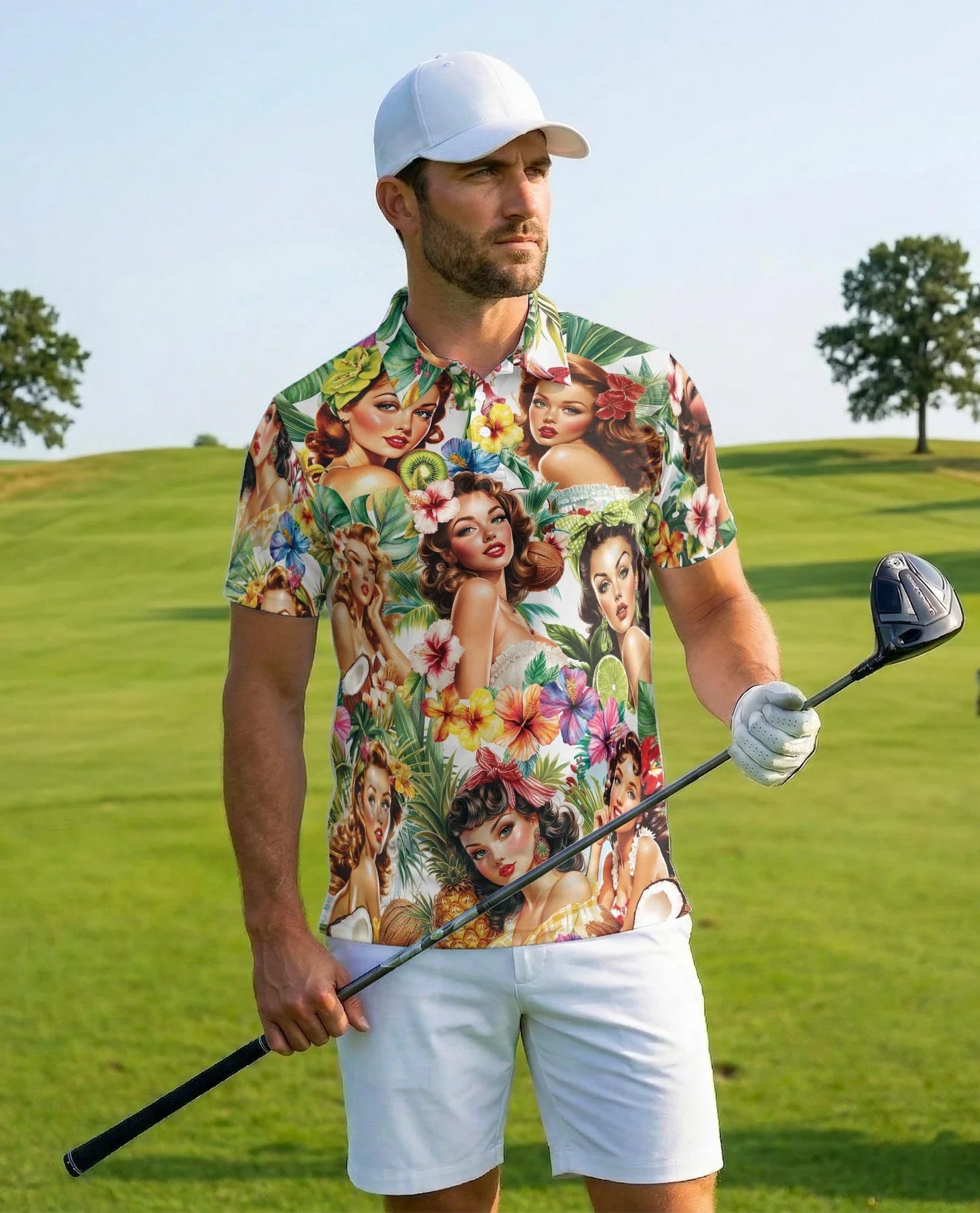 Tropical Pinup Girl Polo Shirt for Men, Retro Summer Beach Style | Azhawaiian