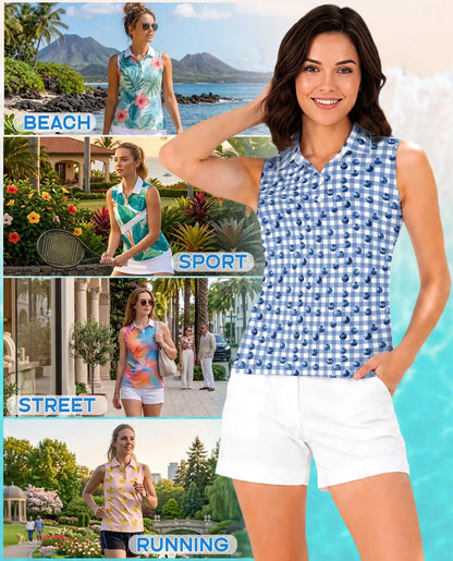 Blueberry Gingham Print Sleeveless Polo Shirt for Women  | Azhawaiian