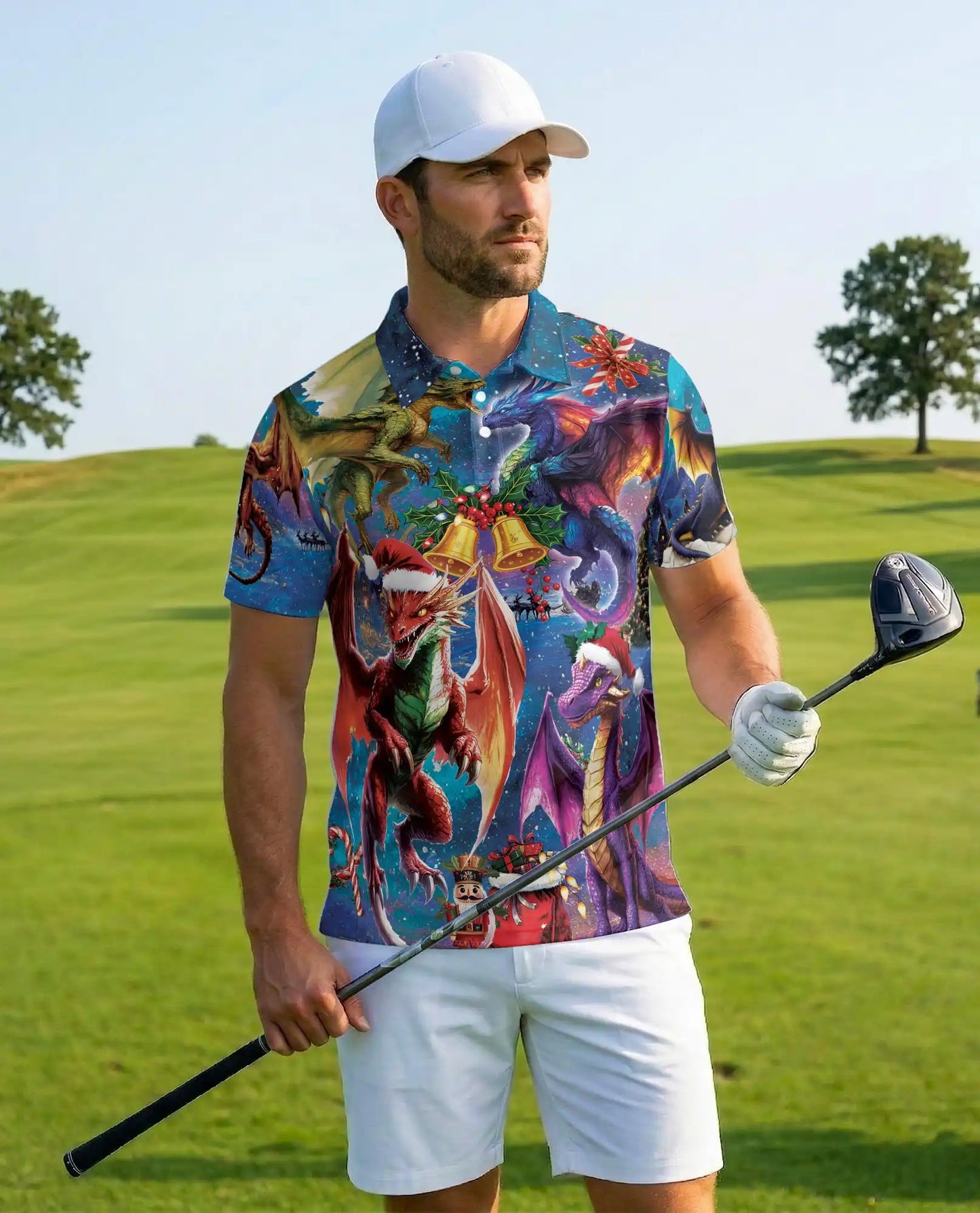 Christmas Dragon 3D Polo Shirt for Men, Fantasy Holiday Winter Style | Azhawaiian