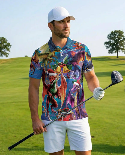 Christmas Dragon 3D Polo Shirt for Men, Fantasy Holiday Winter Style | Azhawaiian