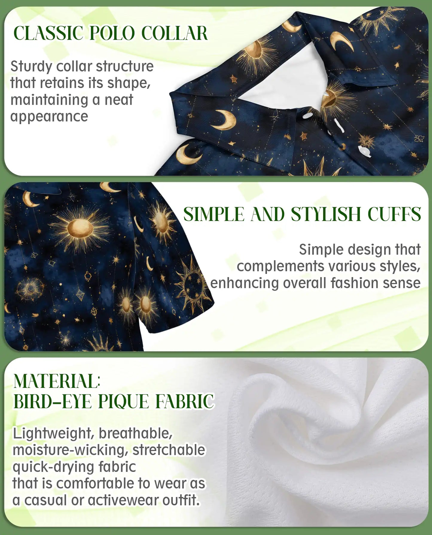 Celestial Sun Moon Polo Shirt for Men- Starry Night Pattern | Azhawaiian