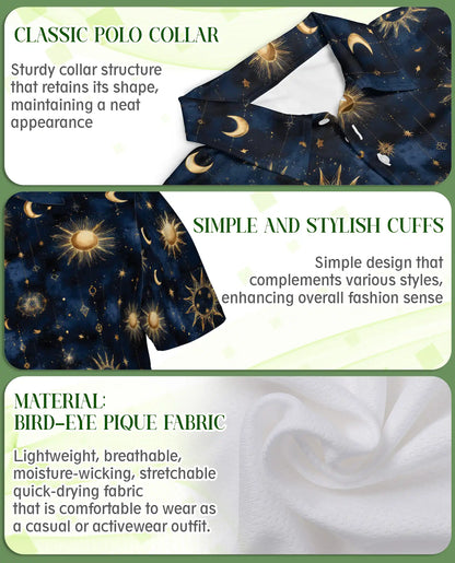 Celestial Sun Moon Polo Shirt for Men- Starry Night Pattern | Azhawaiian