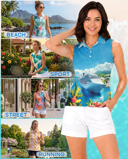 Cruise Ship Half Moon Cay Sleeveless Polo Shirt for Women | Azhawaiian