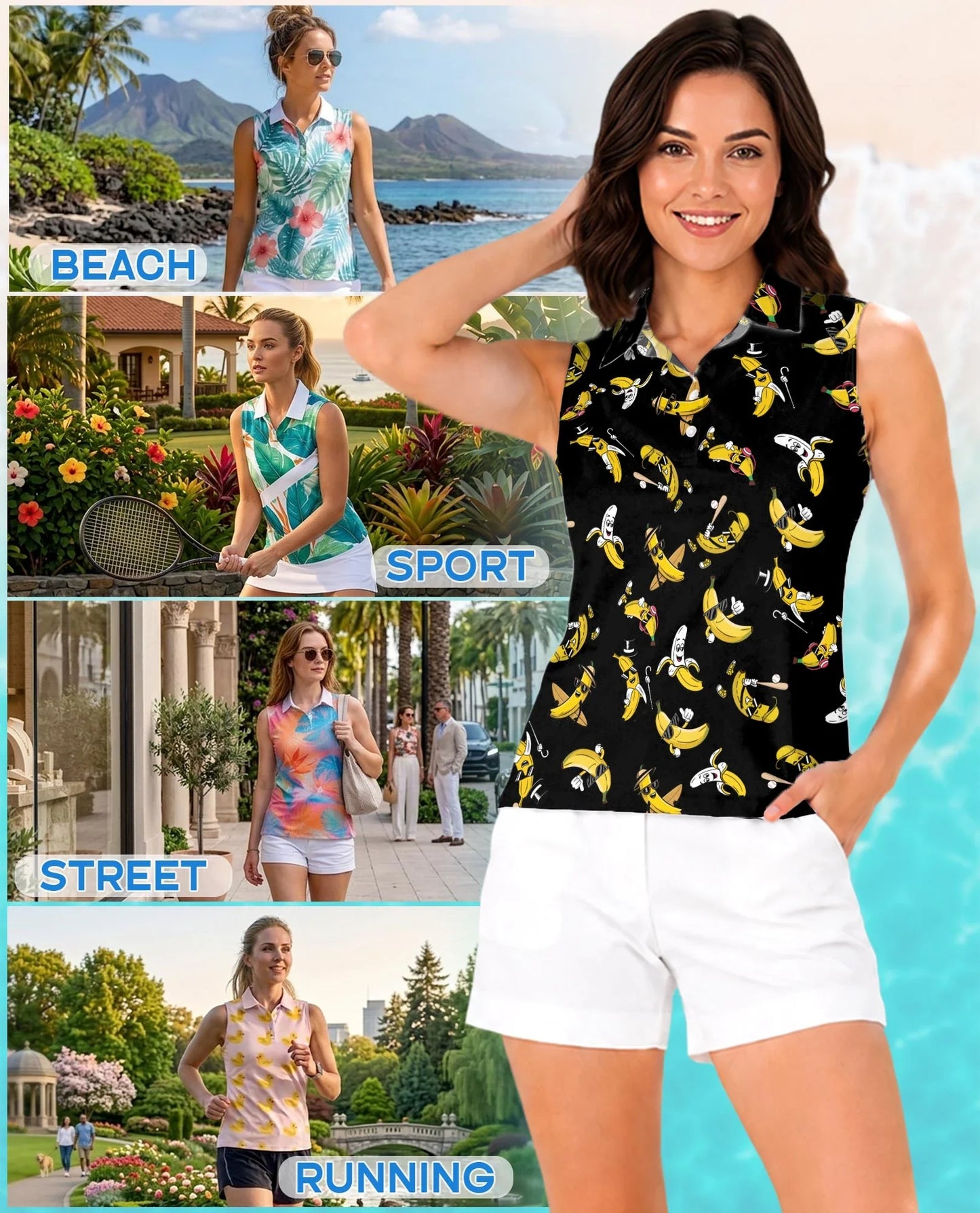 Banana Pattern Sleeveless Polo Shirt for Women | Azhawaiian